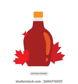 Maple syrup icon. Canadian maple syrup bottle with red maple leaves symbol. Canada travel, landmark, culture vector illustration in color fill style.