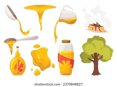 Maple syrup icon set. Product in bottle, droplet and flowing nectar. Tree, syrup in a glass jar and pancakes. Natural design elements, fresh and tasty isolated on white background