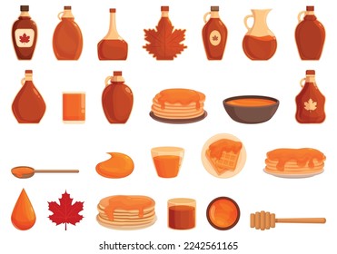 Maple syrup icons set cartoon vector. Pancake stack. Sweet kitchen