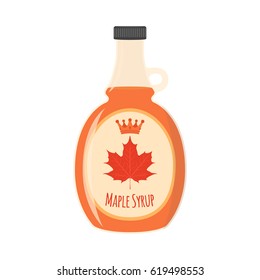 Maple syrup. Ingredient for waffles, pancakes, breakfast. Tasty flavor food. Cartoon flat style.