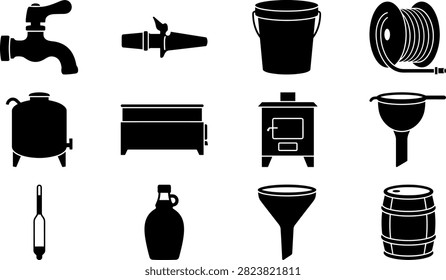 Maple syrup making and sugaring equipment vector icon set featuring spigot, bucket, evaporator, hydrometer, and jug.