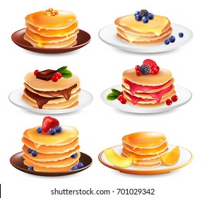 Maple syrup pancakes set of six isolated dish images with different ingredients berries and fruit slices vector illustration