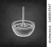 Maple syrup pouring into bowl. Chalk sketch on blackboard background. Hand drawn vector illustration. Retro style.