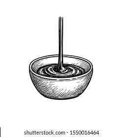 Maple syrup pouring into bowl. Ink sketch isolated on white background. Hand drawn vector illustration. Retro style.