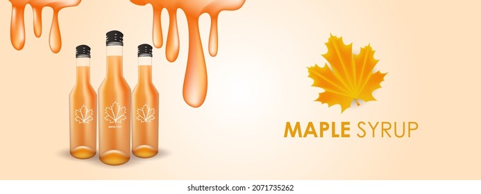 Maple syrup, realistic vector illustration of glass bottle and maple leaves and dripping syrup drops