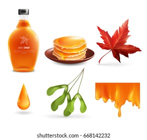 Maple syrup set with product in bottle, droplet, flowing nectar, leaf and seeds, pancakes isolated vector illustration