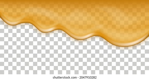 Maple syrup spill, honey melted drip.  Isolated flowing liquid on transparent background, dripping honey, oil, orange juice, sweet sauce. Vector texture