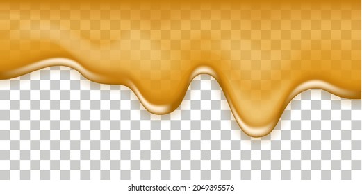 Maple syrup spill, honey melted drip.  Isolated flowing liquid on transparent background, dripping honey, oil, orange juice, sweet sauce, caramel. Vector texture