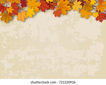 Maple tree branch with autumn red and yellow leaves on old wall. Vector realistic seasonal  background.