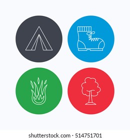 Maple tree, camping tent and hiking boots. Fire flame linear sign. Linear icons on colored buttons. Flat web symbols. Vector