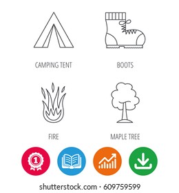 Maple tree, camping tent and hiking boots. Fire flame linear sign. Award medal, growth chart and opened book web icons. Download arrow. Vector