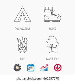 Maple tree, camping tent and hiking boots. Fire flame linear sign. Calendar, Graph chart and Cogwheel signs. Download colored web icon. Vector