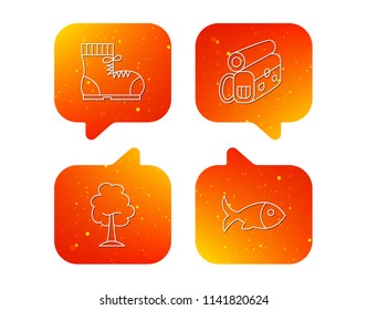 Maple tree, fish and hiking boots. Backpack linear sign. Orange Speech bubbles with icons set. Soft color gradient chat symbols. Vector