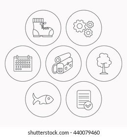 Maple tree, fish and hiking boots. Backpack linear sign. Check file, calendar and cogwheel icons. Vector
