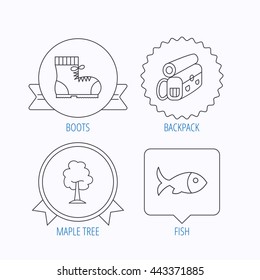 Maple tree, fish and hiking boots. Backpack linear sign. Award medal, star label and speech bubble designs. Vector