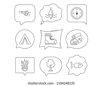 Maple tree, fishing float and hiking boots icons. Compass, flashlight and fire linear signs. Camping tent, fish and backpack icons. Linear Speech bubbles with icons set. Comic chat balloon. Vector