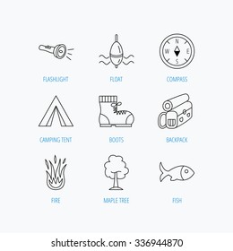 Maple tree, fishing float and hiking boots icons. Compass, flashlight and fire linear signs. Camping tent, fish and backpack icons. Linear set icons on white background.