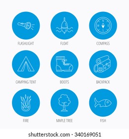 Maple tree, fishing float and hiking boots icons. Compass, flashlight and fire linear signs. Camping tent, fish and backpack icons. Blue circle buttons set. Linear icons.