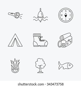 Maple tree, fishing float and hiking boots icons. Compass, flashlight and fire linear signs. Camping tent, fish and backpack icons. Linear black icons on white background.
