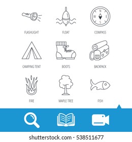 Maple tree, fishing float and hiking boots icons. Compass, flashlight and fire linear signs. Camping tent, fish and backpack icons. Video cam, book and magnifier search icons. Vector