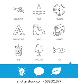 Maple tree, fishing float and hiking boots icons. Compass, flashlight and fire linear signs. Camping tent, fish and backpack icons. Light bulb, speech bubble and leaf web icons. Vector