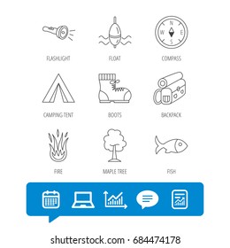 Maple tree, fishing float and hiking boots icons. Compass, flashlight and fire linear signs. Camping tent, fish and backpack icons. Report file, Graph chart and Chat speech bubble signs. Vector