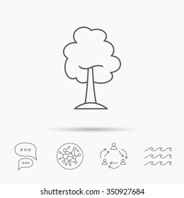Maple tree icon. Forest wood sign. Nature environment symbol. Global connect network, ocean wave and chat dialog icons. Teamwork symbol.
