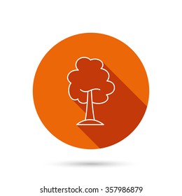 Maple tree icon. Forest wood sign. Nature environment symbol. Round orange web button with shadow.