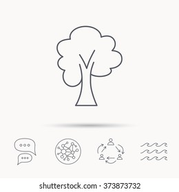 Maple tree icon. Forest wood sign. Nature environment symbol. Global connect network, ocean wave and chat dialog icons. Teamwork symbol.