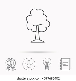 Maple tree icon. Forest wood sign. Nature environment symbol. Download arrow, lamp, learn book and award medal icons.