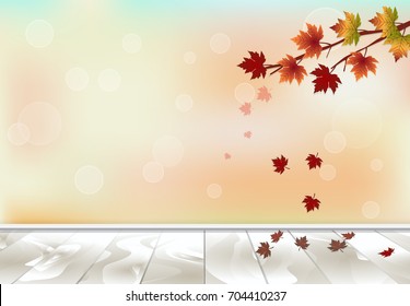 Maple tree and leaves floating wooden texture background, autumn season background