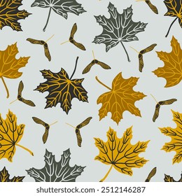 Maple tree leaves with seed pods seamless pattern in autumn colors. Fall season forest tree leaves background. Fabric, paper, wallpaper design.