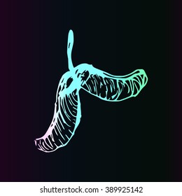 Maple tree seeds with neon effect. Vector isolated illustration. Editable image
