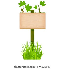 Maple wooden rectangular signboard with green leaves on a pole at the grass lawn vector illustration