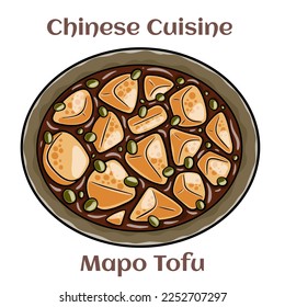 Mapo Tofu. It consists of tofu set in a spicy sauce, typically a thin, oily, and bright red suspension, along with minced meat, usually pork or beef. Chinese food. Vector image isolated.