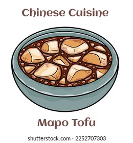 Mapo Tofu. It consists of tofu set in a spicy sauce, typically a thin, oily, and bright red suspension, along with minced meat, usually pork or beef. Chinese food. Vector image isolated.