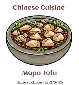 Mapo Tofu. It consists of tofu set in a spicy sauce, typically a thin, oily, and bright red suspension, along with minced meat, usually pork or beef. Chinese food. Vector image isolated.