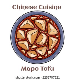 Mapo Tofu. It consists of tofu set in a spicy sauce, typically a thin, oily, and bright red suspension, along with minced meat, usually pork or beef. Chinese food. Vector image isolated.