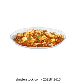 Mapo tofu on plate. Vintage vector hatching color hand drawn illustration isolated on white background