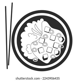 Mapo Tofu with rice in spicy sauce with green onion food top view illustration chinese food in black and white. Vector stock illustration isolated on white background. Outline style