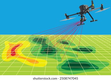 Drone de mapeo con sistema Lidar y el resultado del mapa con contorno y coloración térmica aislada