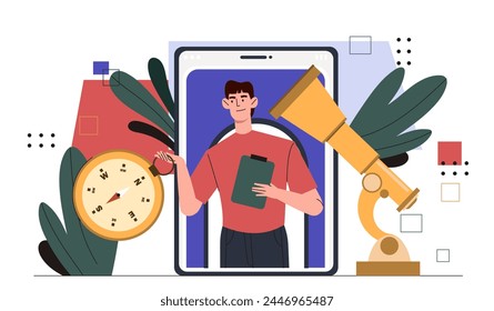 Kartierung und Umweltforschung. Mann in der Nähe von Kompass und Teleskop. Geograph und Kartograph. Wissenschaftlicher Forscher mit Ausrüstung. Cartoon flache Vektorillustration isoliert auf weißem Hintergrund