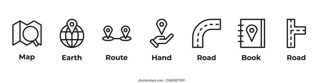 Mapping the Journey Icons set vector illustration with  map, earth, route, hand, road, book, road