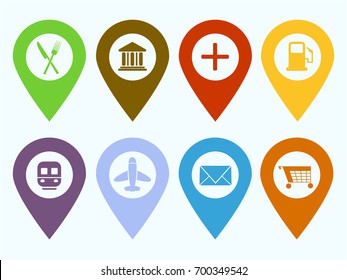 Mapping pin icons.  Global Positioning System icons. Train station, Aeroplane, Museum, Hospital, Cafe, Restaurant, Gas station, Shop, Post office. Vector Illustration