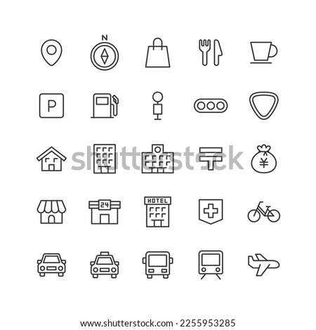 Map-related line drawing icon set (no color).