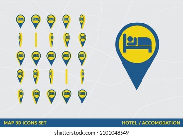 Maps 3D Icon Set Rotation Accomodation Hotel Lodging Vector Illustration