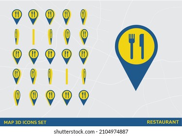Maps 3D Icon Set Rotation Restaurant Vector Illustration