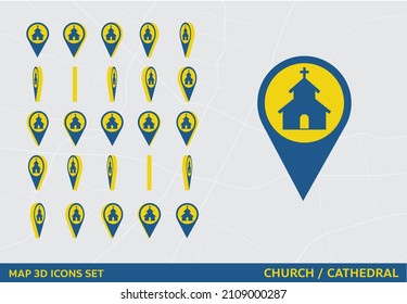 Mapas Icono 3D Conjunto de iconos Rotación Iglesia de señalización Vector Ilustración