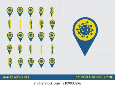 Maps 3D Icon Set Rotation Corona Virus Zone Sign Vector Illustration