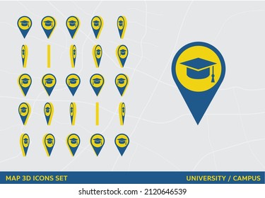 Maps 3D Icon Set Rotation University Campus Sign Vector Illustration